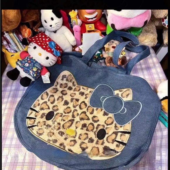 🆕 Hello Kitty Leopard Denim Tote Bag, Canvas Shoulder Large Capacity Women's - Picture 6 of 10